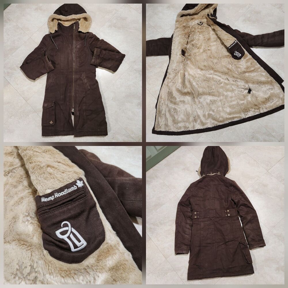 Hemp Hoodlamb Womens XS X-Small Brown Canvas Fur Lined‎ Parka Hooded Jacket Coat